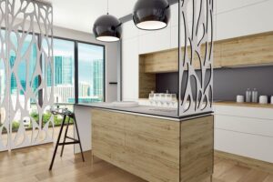 przykładowa aranżacja kuchni z wykorzystaniem ultracienkiej płyty Black Wood - dekory: Dąb Odwieczny