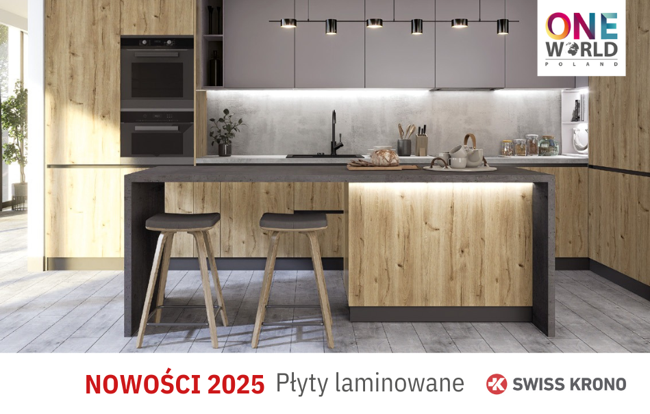 NOWOŚCI 2025 Płyty laminowane Swiss Krono - wybrane dekory w aranżacji zabudowy kuchennej