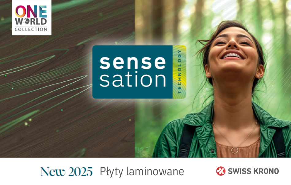 New 2025 sensesation Płyty laminowane Swiss Krono - okładka katalogu z uśmiechająca się kobietą