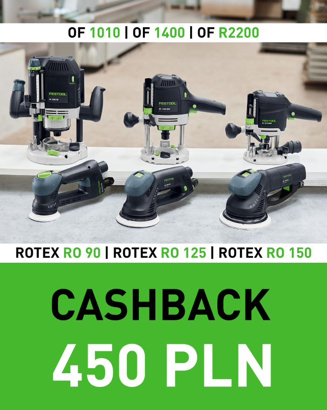 PROMOCJA CASHBACK 450PLN - nazwa akcji na zielonym tle w dolnej części, powyżej zdjęcie 3 frezarek i 3 szlifierek objętych promocją z nazwami na tle warsztatu stolarskiego