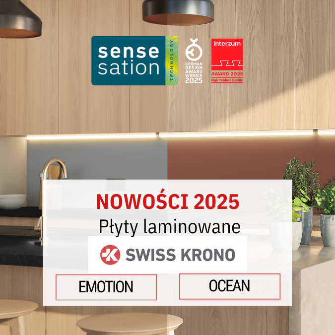 2 nakładające się zdjęcia kuchni wykonanych z wykorzystaniem dekorów NOWOŚCI 2025 Płyty Laminowane Swiss Krono z opisem na białym prostokącie NOWOŚCI - EMOTION i OCEAN, na górze pośrodku zielony znaczek nowej struktury SENSEsation