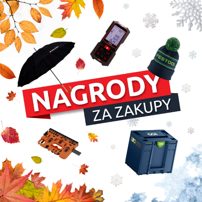 Akcja Nagrody za zakupy - NAZWA i przykładowe nagrody letniej edycji umieszczone wokół: miarka, poziomica, wzornik wiertarski, torba termiczna, koszulka, systainer, akcesoria do grillowania