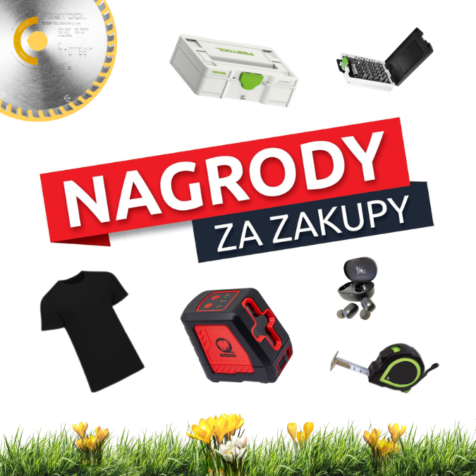 Akcja Nagrody za zakupy - NAZWA i przykładowe nagrody letniej edycji umieszczone wokół: miarka, poziomica, wzornik wiertarski, torba termiczna, koszulka, systainer, akcesoria do grillowania