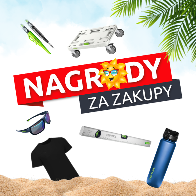 Akcja Nagrody za zakupy - NAZWA i przykładowe nagrody letniej edycji umieszczone wokół: miarka, poziomica, wzornik wiertarski, torba termiczna, koszulka, systainer, akcesoria do grillowania